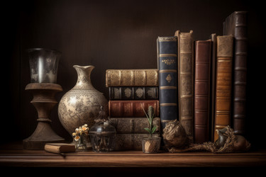Антикварная книжная полка на фоне старого дома. Читайте, изучайте архив вуда. Генерировать искусственный интеллект - yliv