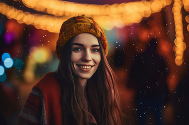 Женщина, улыбаясь в ночь уличные фонари. Создать ИИ - yliv