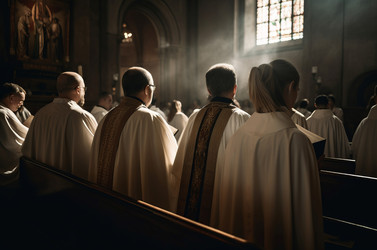 Liturgy church procession. Big and large temple people white sing glee. Generate AI - yliv