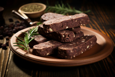 Chocolate salami plate on table. Generate Ai - yliv