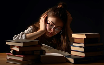 молодая женщина, изучающая много книг, чувствует усталость от работы. тестовая работа по обучению персонала. генеративный контент - yliv