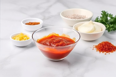 Вкусный красный соус аджика в стеклянной миске. Острый натуральный соус для дипа, приготовленный из перца и помидоров. Генерировать искусственный интеллект - yliv