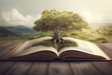 Открытая книга с аннотацией к зеленому дереву. Знание природы, окружающая среда, образование, грамотность. Генерировать искусственный интеллект - yliv