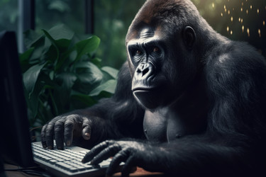 Gorilla coding developer at computer. Brute wild rainforest animal typing code. Generate ai - yliv