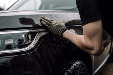Мужская рука прикасается к мокрой грязной машине. Чистка гаража службы технического обслуживания автомобилей. Генерировать искусственный интеллект - yliv
