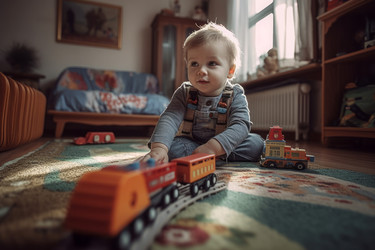 маленький мальчик сидит на полу и играет. генеративный контент - yliv