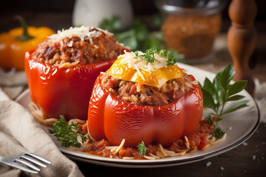 Фаршированный перец с мясом. Запеченные мешочки с рисом болгарский перец. Создать ИИ - yliv