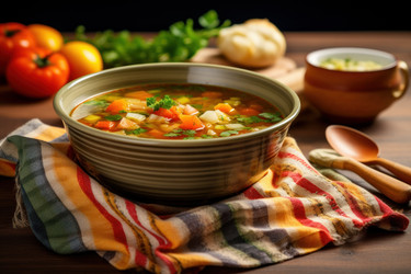 Миска с вкусным супом из свежих овощей. Генерировать искусственный интеллект - yliv