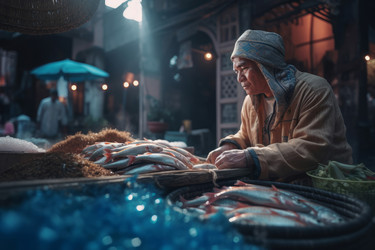 Arabian fish seller bazaar stall. Eastern merchant fishmonger on traditional marketplace. Generate ai - yliv