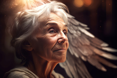 Elderly woman on wings background. Senior grey haired lady on feathers backdrop. Generate ai - yliv