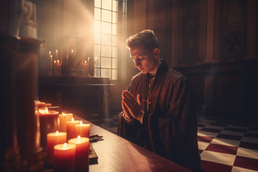 Catholic priest kneeling praying ritual. Faithful sacred aspiration to god veneration. Generate ai - yliv