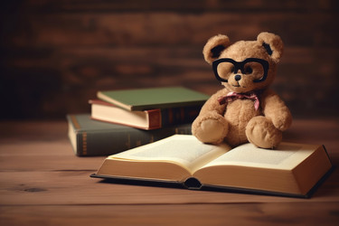 игрушечный мишка в очках на раскрытой книге. генеративный контент - yliv