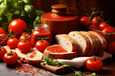 Composition of fresh pate tomatoes and bread. Toast meal creamy parsley food. Generate Ai - yliv