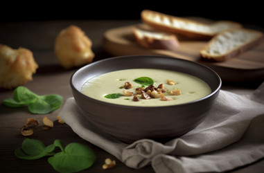 Подаем блюдо с крем-супом из кольраби. Вкусный овощной ужин из репы с хлебными тостами. Генерировать искусственный интеллект - yliv