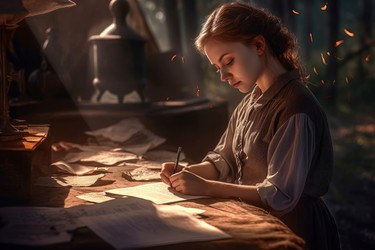 Medieval woman writes letter on outdoor table. Generate ai - yliv