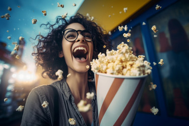 Счастливая девушка с ведерком для попкорна. Закуска из женского фильма "Еда на досуге". Генерировать искусственный интеллект - yliv