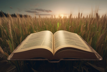 Откройте библейскую книгу на поле с видом на закат. Надеюсь, что это благодать духовного бога. Генерировать искусственный интеллект - yliv
