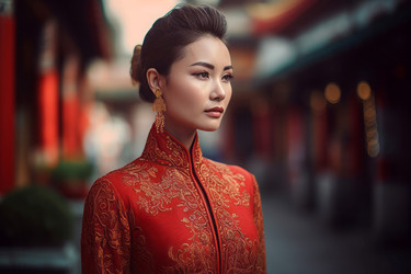 китайская фотомодель в красном уличном портрете ципао. генеративный контент - yliv