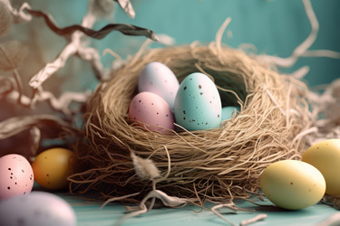 Декоративное пасхальное гнездышко с разноцветными яйцами. Генерировать искусственный интеллект - yliv
