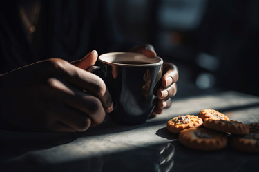 Черная рука, держащая кофейную чашку. Пьющий кофейный напиток эспрессо в ресторане. Генерировать искусственный интеллект - yliv