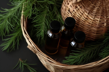 Bottles with essential pine oil with green branches in wicker basket. Generate ai - yliv