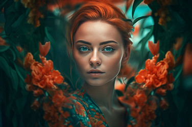 Redhaired woman posing on blossom red frame background. Darkened female portrait with shadowed effect. Generate ai - yliv