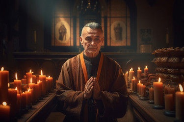католический священник, стоящий на коленях и молящийся. духовный святой человек, верующий в церковь с горящими свечами. генеративный контент - yliv