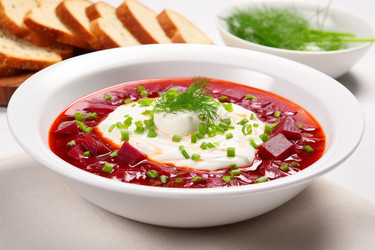 вкусный борщ со сметаной и нарезанным хлебом. генеративный контент - yliv
