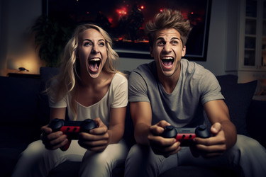 эмоциональная пара, сидя на диване, играя в видеоигры. генеративный контент - yliv