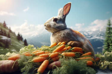 Joyful alps rabbit with heap of carrots food. Generate ai - yliv