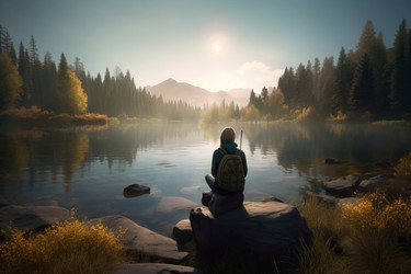 Traveler enjoys scenery forest lake. Generate Ai - yliv