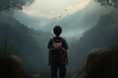 Towering mountain range teenager. Generate ai - yliv