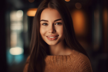 фотография ярко улыбающейся женщины. очаровательная молодая леди с длинными волосами, портрет на открытом воздухе. генеративный контент - yliv