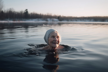 зрелая пожилая женщина плавает в холодной воде пруда. генеративный контент - yliv