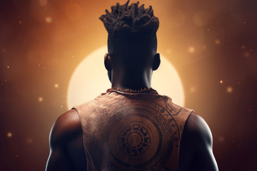 African man meditative pose. Back view of male spiritual reflective inner meditation. Generate ai - yliv