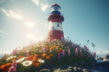 Beacon with colorful flora. Scarlet and white lighthouse with beautiful flowers. Generate AI - yliv