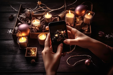 руки, держащие телефон, фотографируют рождественский подарок. цифровой экран с едой для вечеринки на природе. генеративный контент - yliv