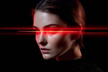 Woman red laser eyes. Fashion studio photo care female vision. Generate Ai - yliv