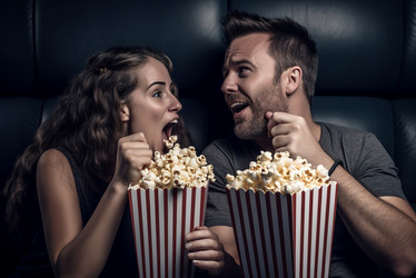 Couple cinema eating popcorn shocked. Food person people watching. Generate Ai - yliv