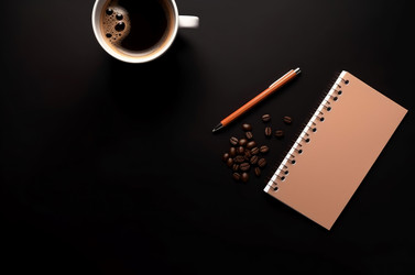 Beige notebook orange pen. Cup coffee sits beside notepad capturing essence productivity. Generate AI - yliv