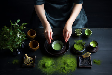 Woman preparing matcha tea at black table ceremony. Ready lady drink whisk ebony. Generate Ai - yliv