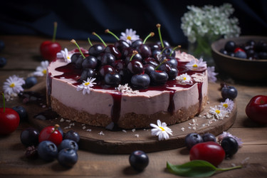 Gluten free raw cheesecake decorated with cherries. Generate ai - yliv