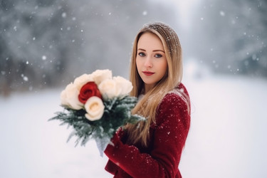 женщина с зимними розами, снежный букет. фотопортрет на природе на открытом воздухе. генеративный контент - yliv