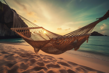Hammock on exotic beach with sunrise scenery. Generate ai - yliv
