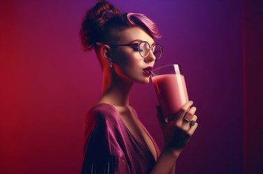 женщина пьет фиолетовый коктейль из стакана. генеративный контент - yliv