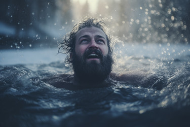 мужчина, погружающийся в ледяную воду и улыбающийся зимним днем. генеративный контент - yliv