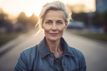 Portrait photography senior woman on urban street. Mature female on roadway posture photo. Generate ai - yliv