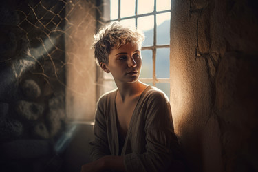 Woman stone small window in sun light. Generate Ai - yliv