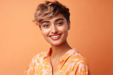 Happy tanned American girl on orange background. Generate ai - yliv
