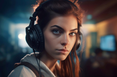женщина-геймер с гарнитурой смотрит в камеру. генеративный контент - yliv